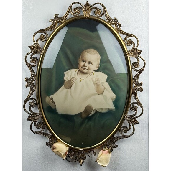 Antique Ornate Brass Oval Convex Glass Frame with HandTinted Baby Portrait 21x15 - Picture 1 of 16